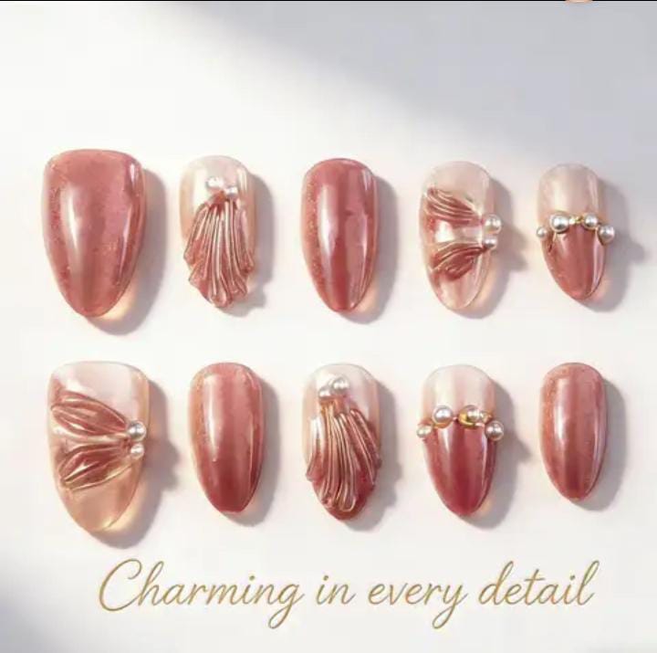 3D Pink Short Almond Cat Eye Press-On Nails with Stone Embellishments