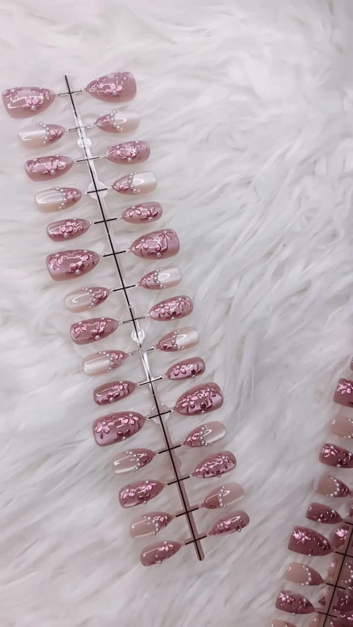 Pink Short Floral Stone Chrome Nails